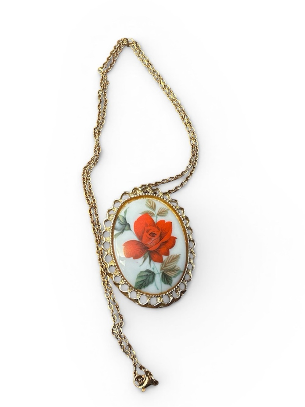 Gold-Tone Necklace with Red Rose Porcelain Brooch Pendant